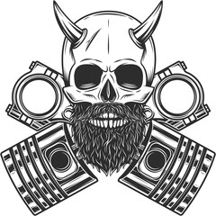 Biker skull with horn and beard with mustache with crossed engine pistons service repair motorcycle, car and truck business in vintage monochrome isolated illustration