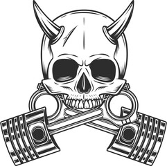 Biker horned skull without jaw and crossed engine pistons service repair motorcycle, car and truck business in vintage monochrome isolated illustration
