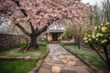 Fototapeta na wymiar blossoming cherry tree in garden with colorful blooms and stone pathway, created with generative ai