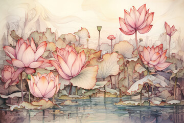Pink lotuses watercolor, pastel color. Lotus flowers background. Water lily art. Lotus flower wallpaper. Generative ai illustration in watercolor style