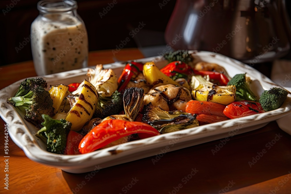 Wall mural tasteful dish of roasted veggies, drizzle of balsamic glaze, created with generative ai