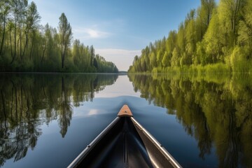 canoeing on a tranquil lake, with the reflection of the sky and trees visible on the water, created with generative ai