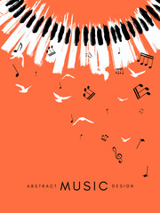 Piano concert poster. Music conceptual illustration. Abstract style coral background with hand drawn piano keyboard and flying notes and birds. © KsanaGraphica