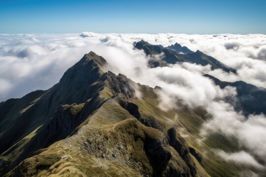 majestic mountain range viewed from above, with clouds obscuring part of the view, created with generative ai