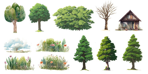 set of watercolor paintings with asset illustrations of trees, dead wood, house, flowers, garden, clouds and leaves. generative AI.