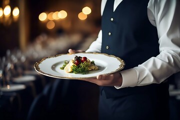 Waiter Carrying Plate with Fancy Food, Served Michelin Style. Generative ai