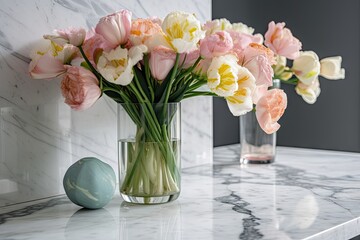 pastel flowers in clear vase on marble table, created with generative ai