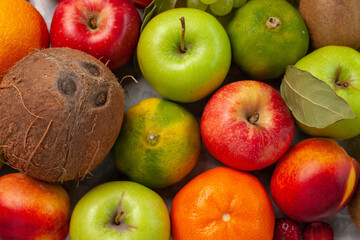 top close view different fruit composition fresh fruits on white desk fruit fresh mellow summer color