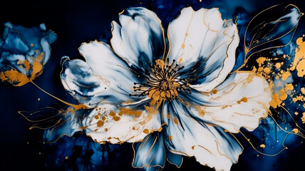 Botanical flowers with one big flower for whole artwork flowing alcohol ink style bioluminescence navy blue background, white, gold. Generative AI illustrator