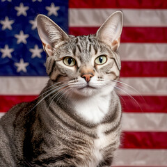 Naklejka premium Adorable cat posing in front of the US flag. Generative AI.