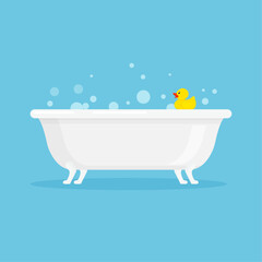 White ceramic bath with foam bubbles and yellow rubber duck. Vector illustration in trendy flat style isolated on blue background.