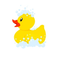 Yellow rubber bath duck in foam with bubbles. Vector illustration in trendy flat style isolated on white background.