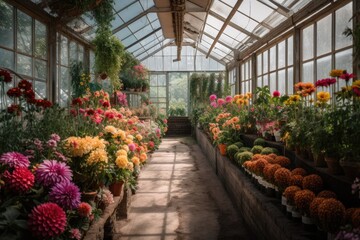 Fototapeta na wymiar greenhouse filled with colorful blooms and greenery, created with generative ai
