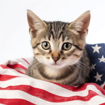 Cute kitten with the US flag. Generative AI.