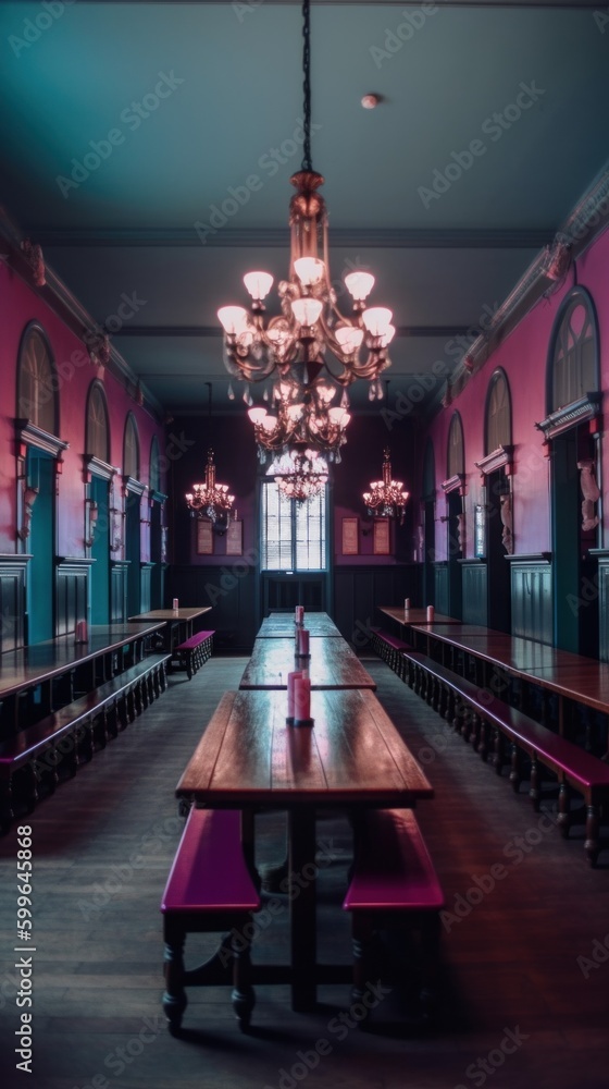 Poster a long table with benches and a chandelier. generative ai image.