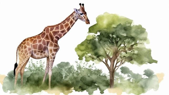 A tall giraffe feeding on the leaves of trees Generative AI © Wagner