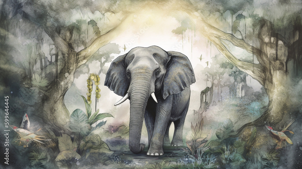 Sticker A mystical elephant living in a jungle paradise Generative AI 