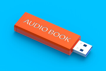 Audiobook concept with inscription on flash drive. Modern technology. Sound literature. 3d render