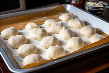 tray of pizza dough, ready for toppings and baking in the oven, created with generative ai