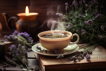 Obraz na płótnie Canvas A cup of herbal tea on top of a saucer. Generative AI image.