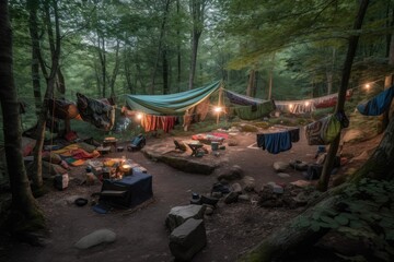 campsite with hammocks, lanterns, and blankets for a cozy experience, created with generative ai