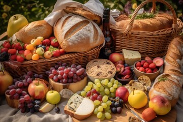 Obraz na płótnie Canvas picnic basket overflowing with fruits, cheeses, and breads, created with generative ai