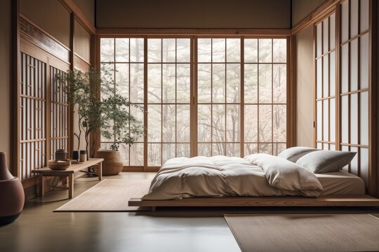 japanese-inspired bedroom with minimalist decor and clean lines, created with generative ai
