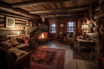 cozy cabin retreat with roaring fireplace and warm blankets for cozy night in, created with generative ai