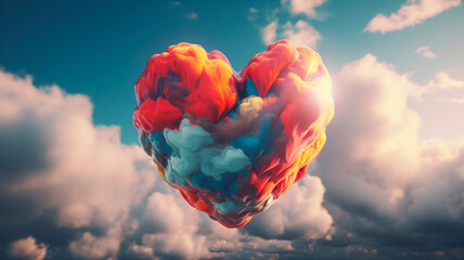 Beautiful colorful valentine's day heart in the clouds as abstract background. Generative AI