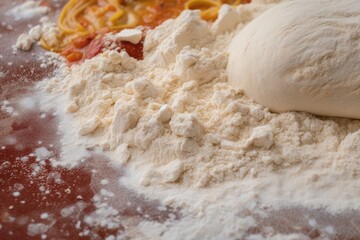 close-up of pizza dough, with flour and other ingredients visible, created with generative ai