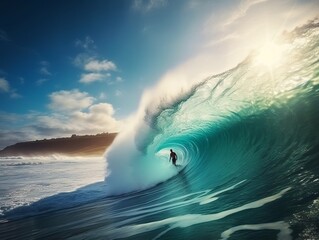 a surfer riding a large wave in the ocean