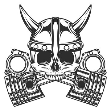 Biker skull without jaw in horned viking helmet with crossed engine pistons service repair motorcycle, car and truck business in vintage monochrome isolated vector illustration