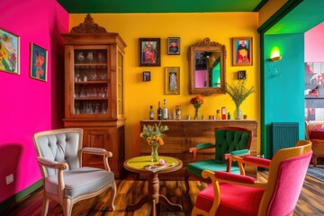 Fototapeta na wymiar brightly colored walls and vintage furniture in lofi interior, created with generative ai