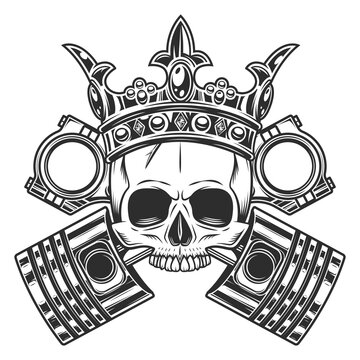 King biker skull in crown without jaw and crossed engine pistons service repair motorcycle, car and truck business in vintage monochrome isolated vector illustration