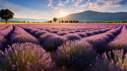 Fototapeta na wymiar a field of lavender flowers with the sun setting in the background