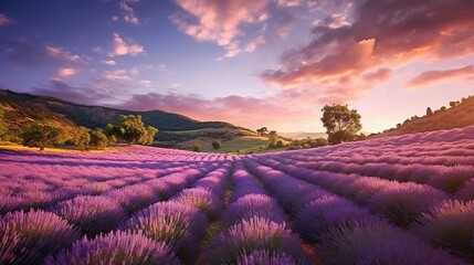 Fototapeta na wymiar a field of lavender flowers with a sunset in the background