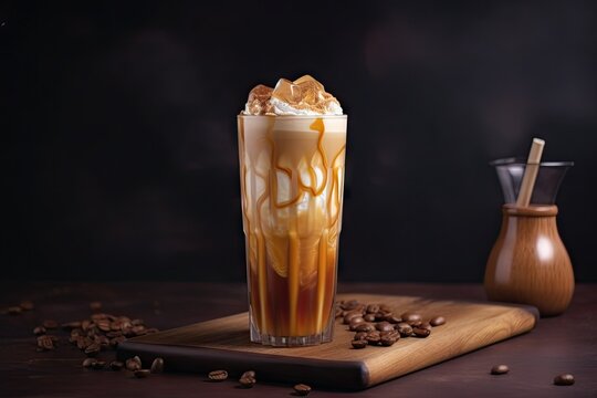 iced coffee latte with swirl of caramel sauce, topped with sprinkle of cinnamon, created with generative ai