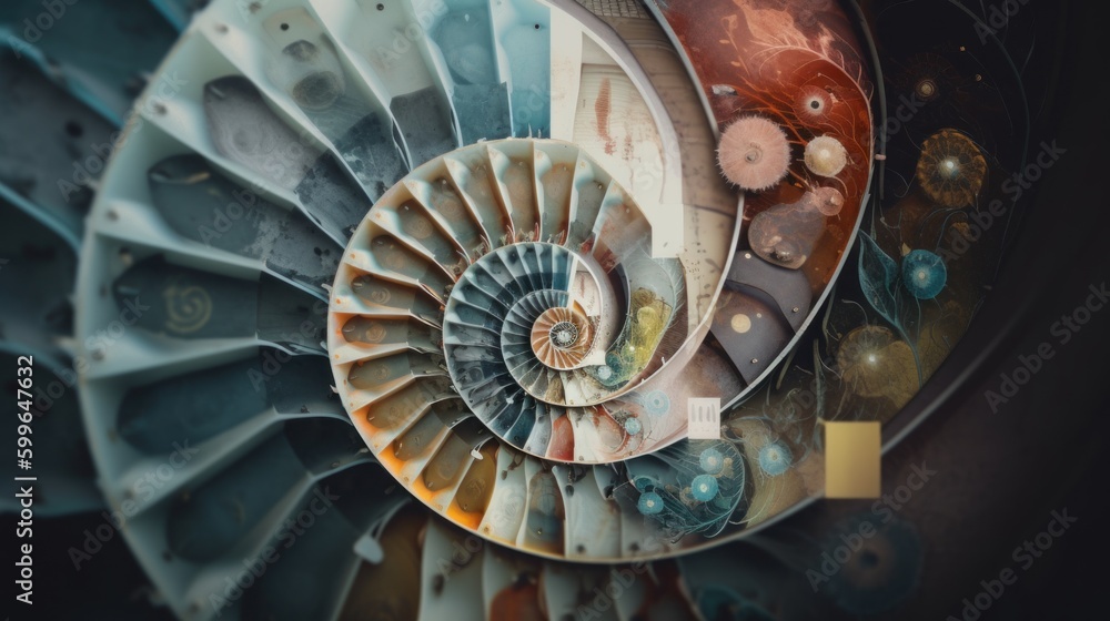 Aufkleber A spiral staircase in a building with a clock on it. Generative AI image.