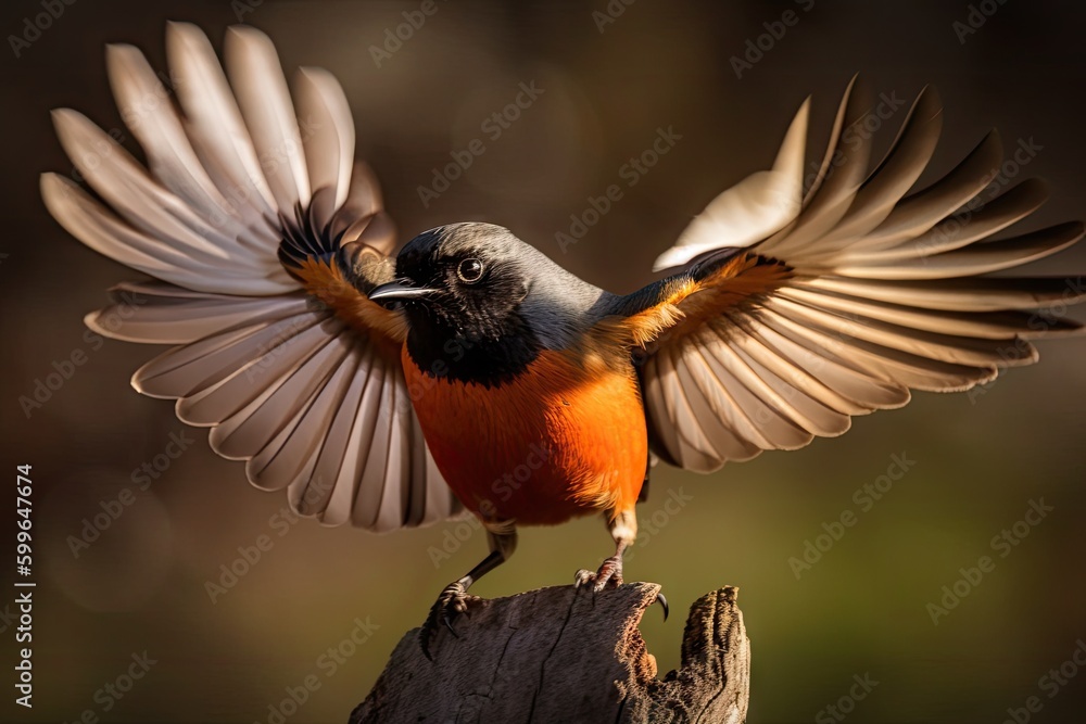 Wall mural male redstart bird swoops in for close-up shot, created with generative ai