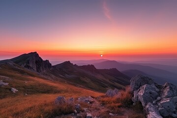 majestic mountain landscape with sunrise, pink and orange sky visible above the horizon, created with generative ai