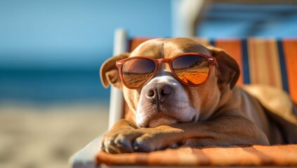 Dog Puppy Lying on Sunbed Sunbathing at Beach Sea on Summer Vacation. Generative ai