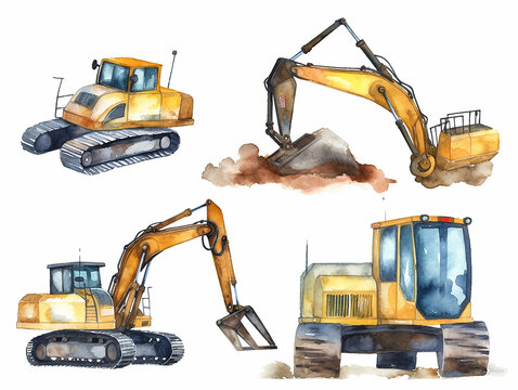set di attrezzi e macchine per la costruzione per bambini su sfondo bianco scontornabile , betoniera, scavatore, gru, trattore, caterpillar, ruspa, camion, creato con intelligenza artificiale