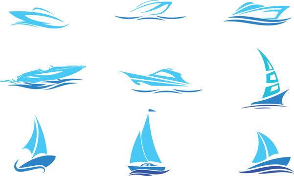 set of boats with ocean blue color combo, boat, sea, ship, sail, yacht, icon, vector, water, sailboat, wave, ocean, illustration, symbol, logo, summer, design, travel, sailing, sign, sun, nautical