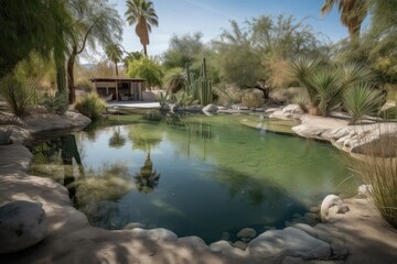 Fototapeta na wymiar desert oasis with crystal-clear pool and babbling brook, created with generative ai