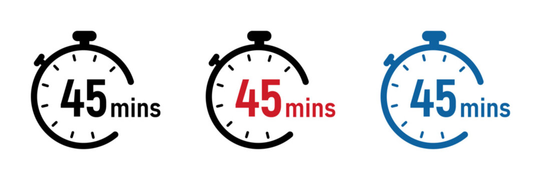  45 minutes timer, stopwatch or countdown vector icons