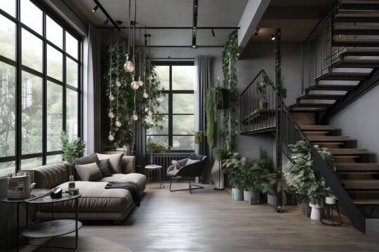 industrial home with natural accents, including greenery and flowers, created with generative ai
