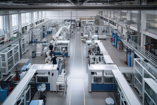 a factory of the future, where automated systems and robots work in tandem with human employees, created with generative ai