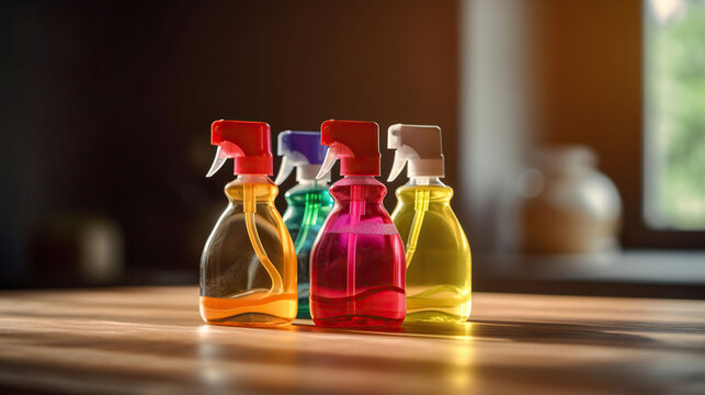 House cleaning product on wood table, free space, commercial photography. AI Generative