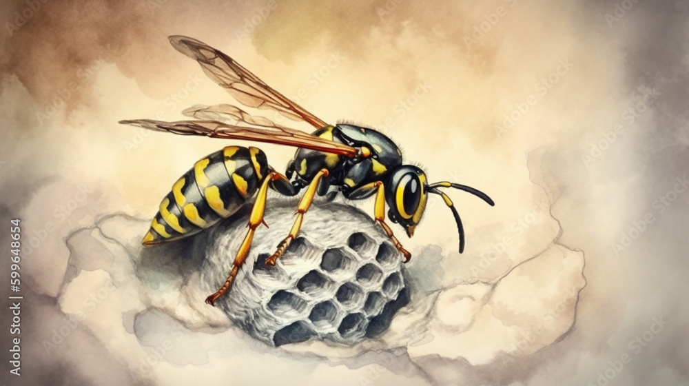 Canvas Prints Wasp building its nest watercolor Generative AI 