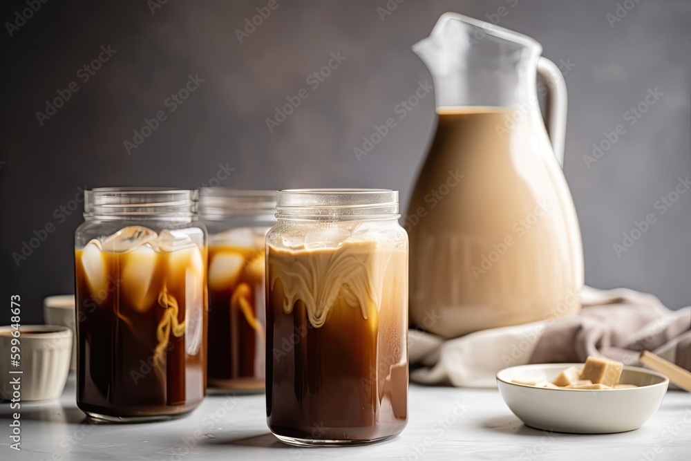 Poster pitcher of iced coffee lattes, ready to be poured into glasses, created with generative ai